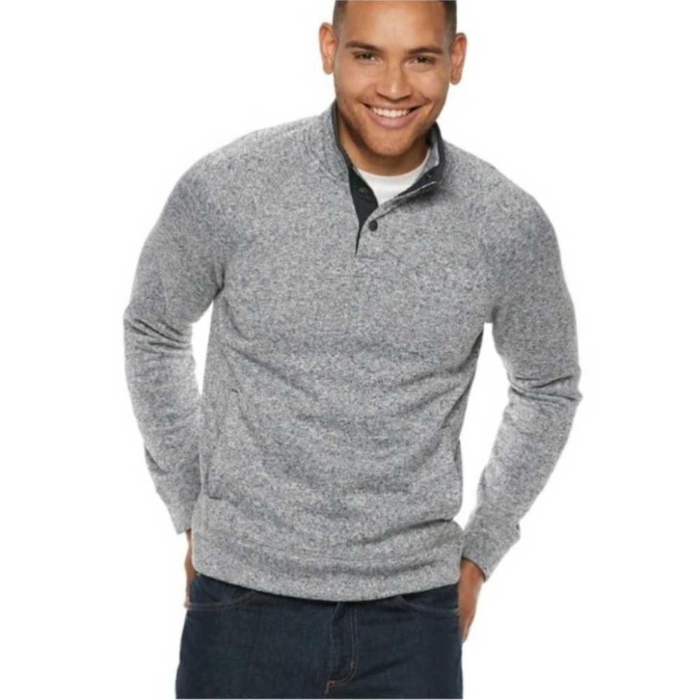 Sonoma Men’s Large Heather Gray Snap-Neck Pullover Sweater – Soft Fleece Knit